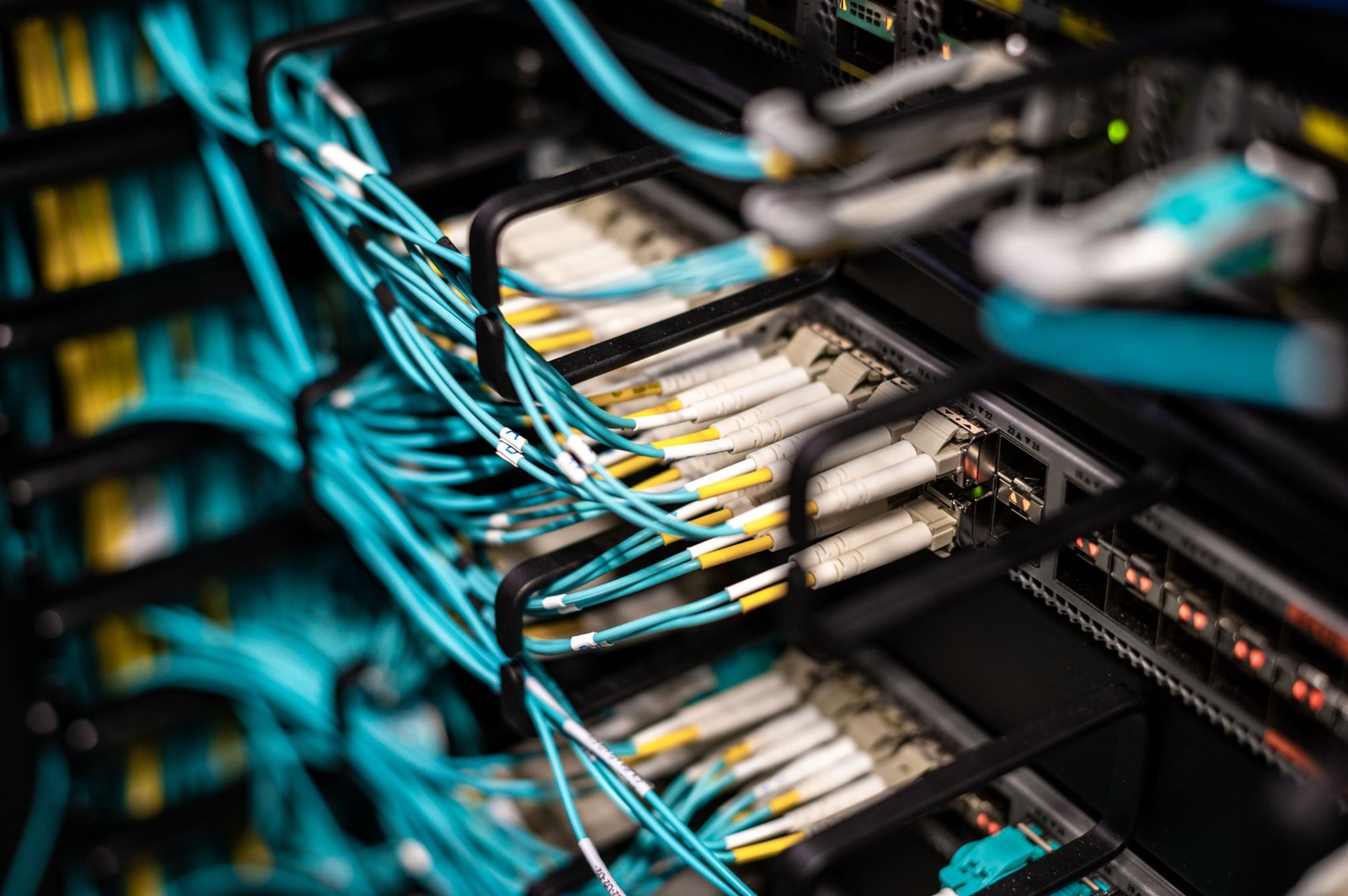 Close-up of fibre-optic cables connected to network equipment.